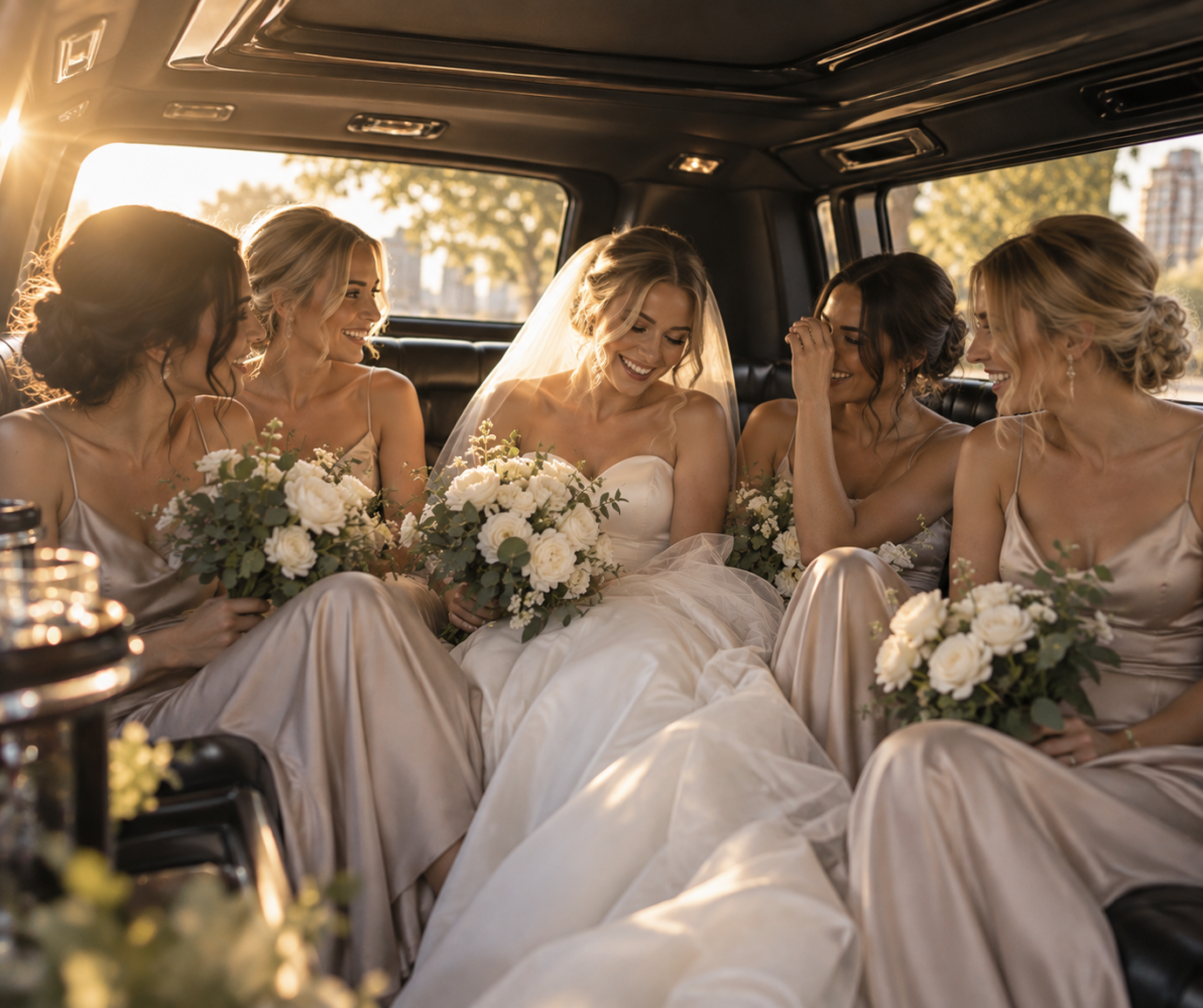 Bride and bridesmaids travelling together in a stretch limousine for a Sydney wedding