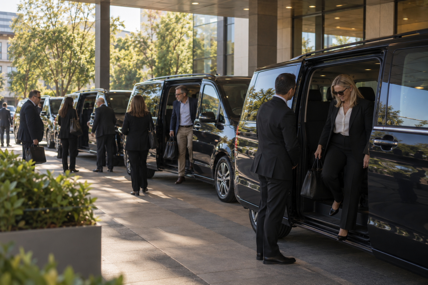 Corporate passengers arriving in matching people movers with professional drivers