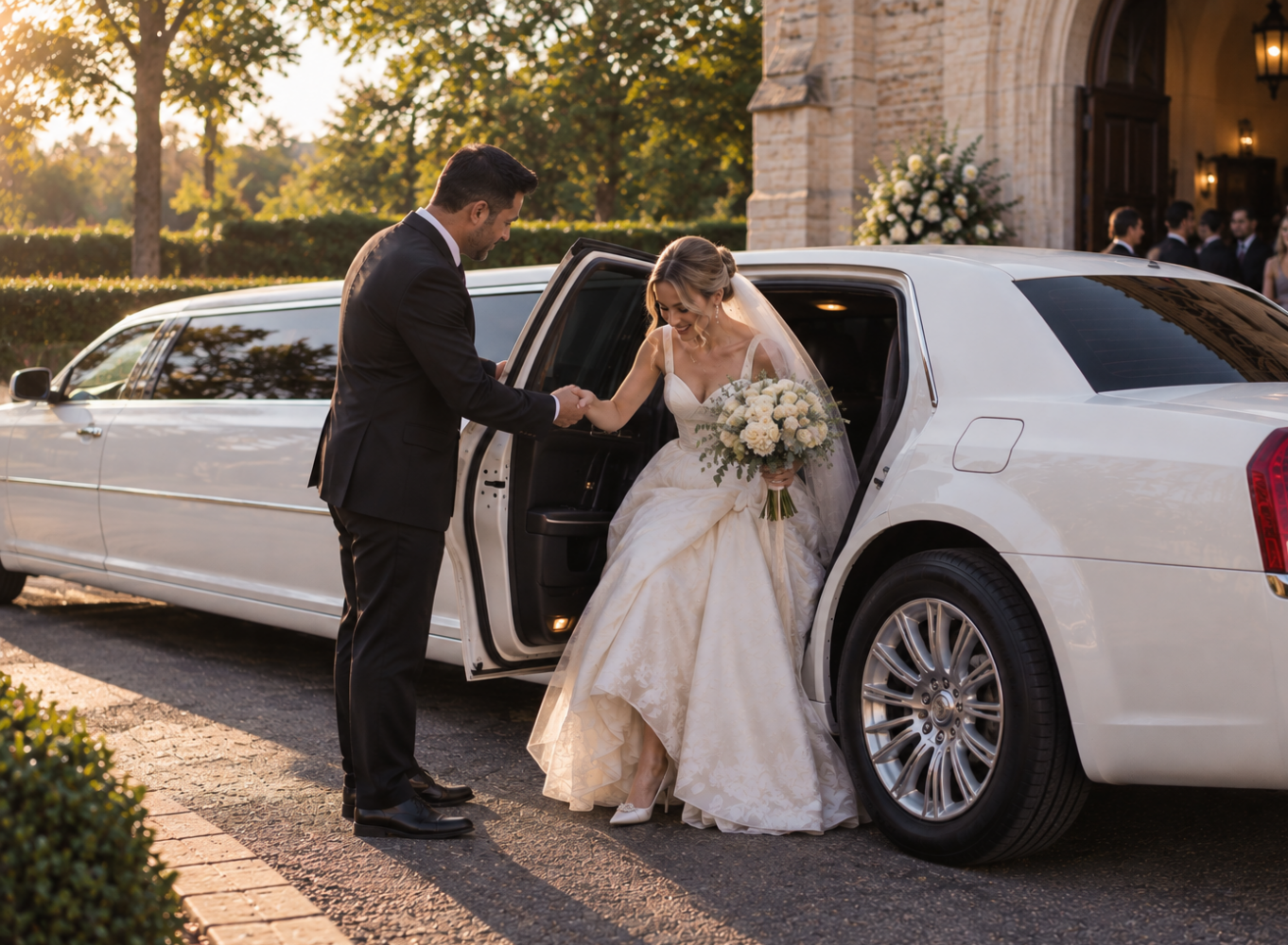 Chauffeur assisting a bride from a white stretch limousine at a Sydney wedding