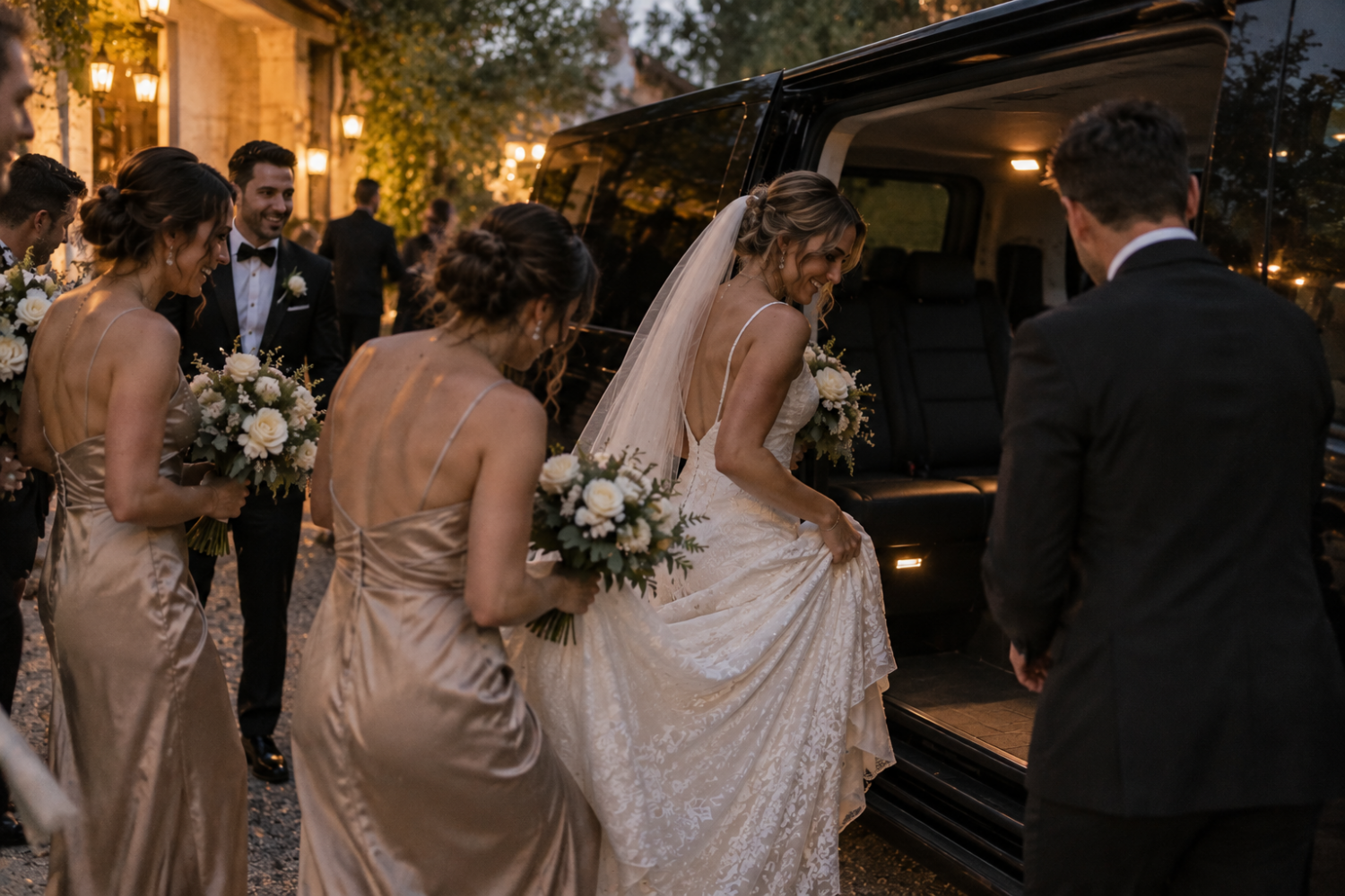 Bride and bridal party boarding a professionally arranged people mover for wedding transport Sydney