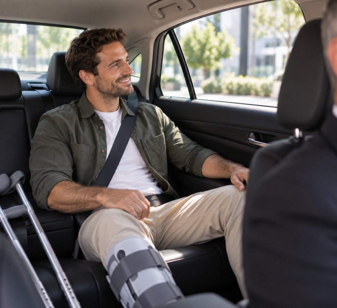CTP Claimant with crutches and a leg brace travelling comfortably in a sedan