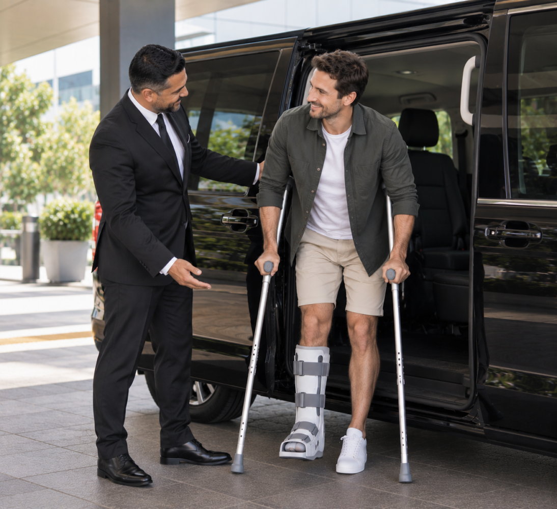 Professional driver assisting a passenger from a people mover with crutches