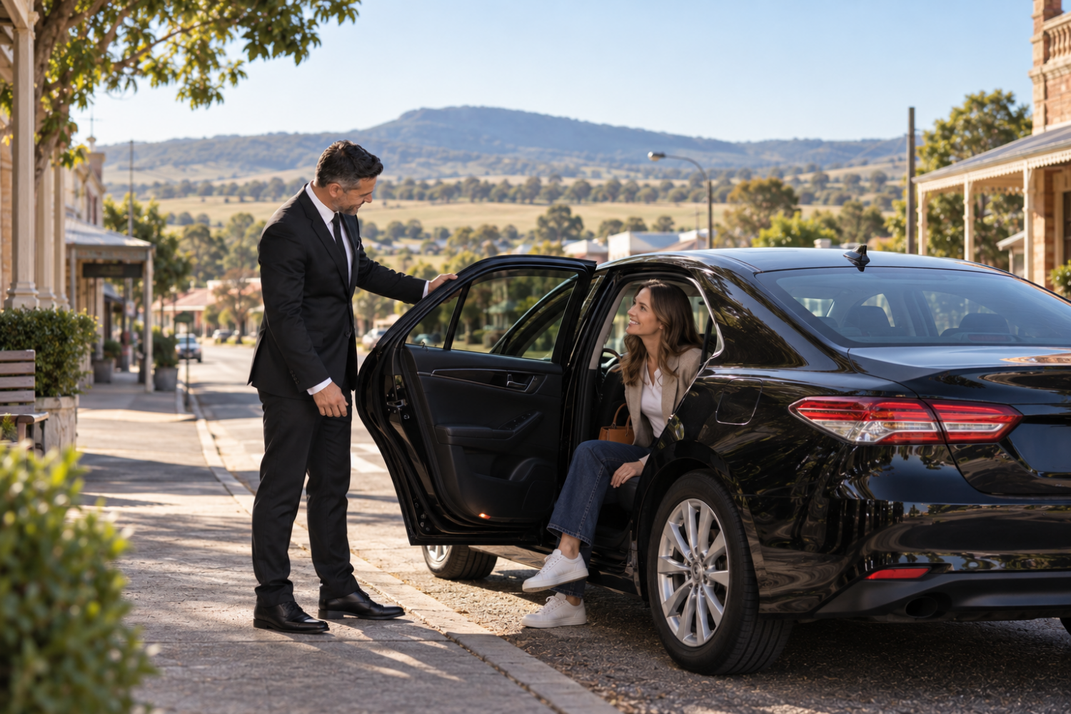 Professional driver assisting a passenger with pre-booked CTP transport in regional NSW